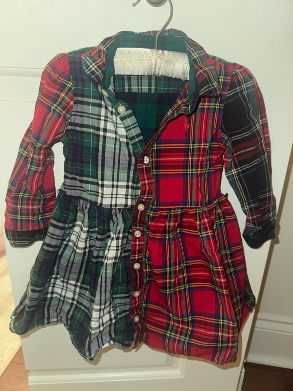 Ralph Lauren Mixed Plaid Button-Front Dress in Red & Green